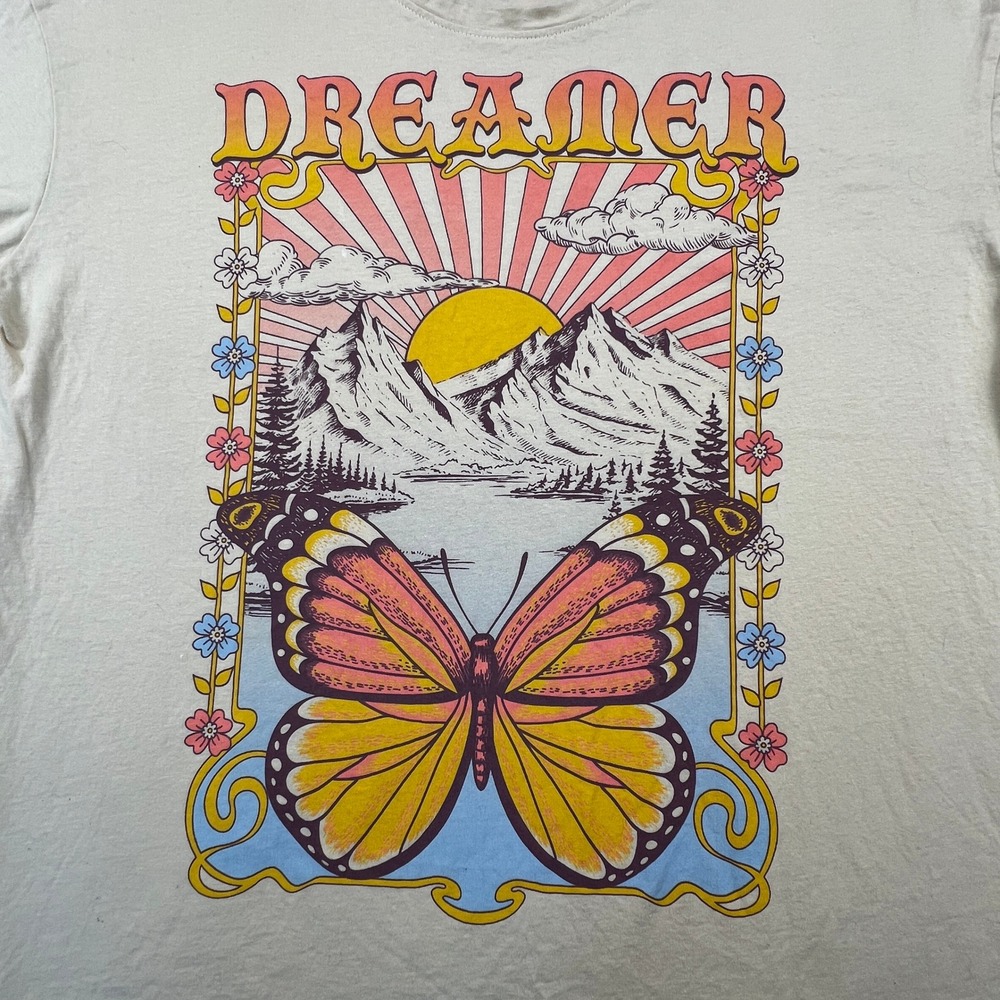 La Luna T Shirt Womens XL Cream Dreamer Butterfly Mountain Boho Retro Shirt - Picture 3 of 10